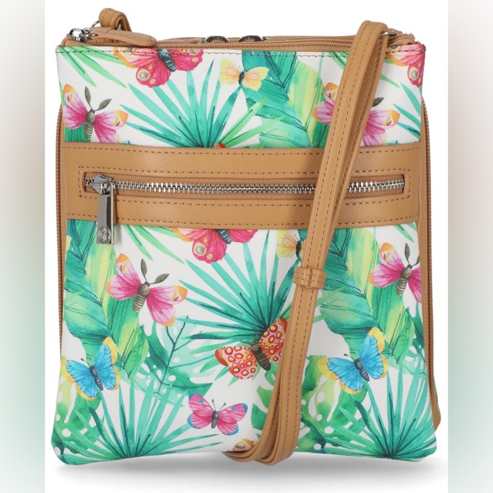 EUC Giani Bernini Pink and Green Crossbody Bag with Tropical Flair